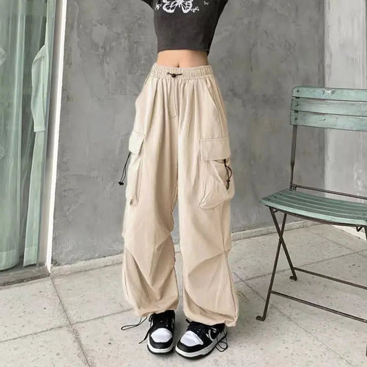 Cargo Pants Solid Low Waist Joggers Tech Pants Drawstring Wide Leg Baggy Hip Hop Trousers Streetwear Sweatpants - Costaglamore