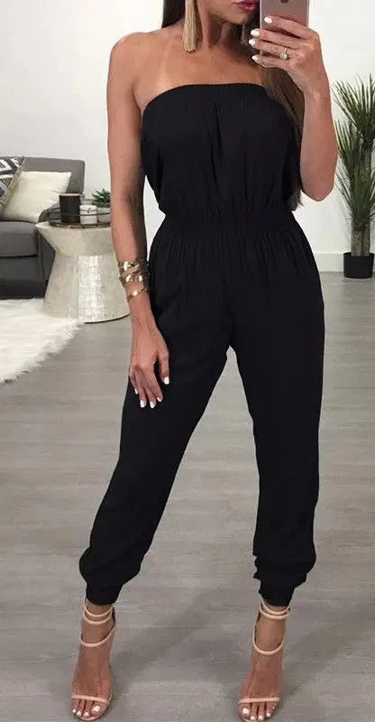 Womens Bandage Evening Party Playsuit Ladies Romper Long Jumpsuit Women Ladies Femal Solid Off Shoulder Jumpsuits Size S - XL - Costaglamore