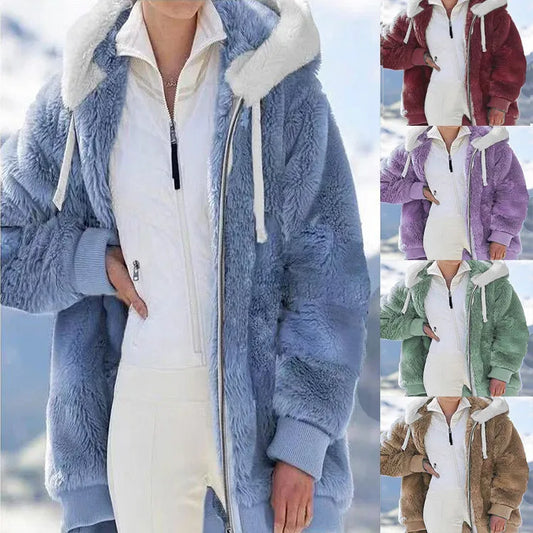 Winter Women Warm Jacket Coat Fashion Plush solid color Zipper Pocket Hooded Outwear Top Plus