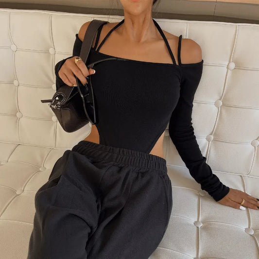 Sexy Off-Shoulder Halter Bodysuit Aesthetic Spaghetti Straps Long Sleeve T-Shirt Women Slim Fit Party Clubwear Bodysuits