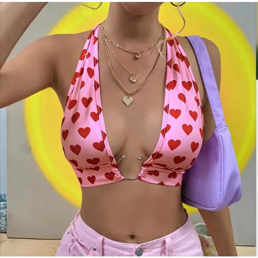 Sexy Backless Pink Crop Top Fashion Women Clothes Summer Heart Print Graphic Vest Beach Holiday Halter Tank Tops - Costaglamore