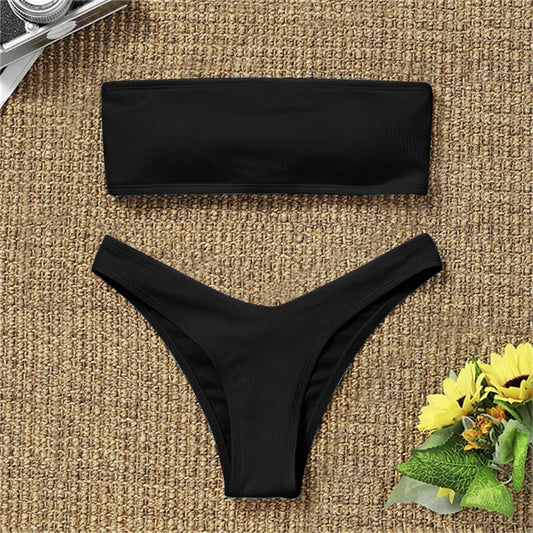 Bikini Sexy High Waisted Strapless Boob Tube Top Bikini Set Swimsuit Two Pieces Solid Swimwear Brazilian Beachwear - Costaglamore