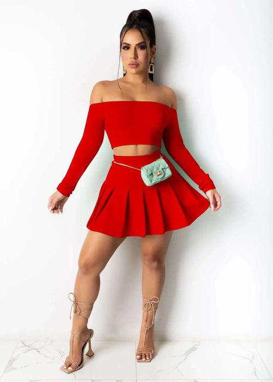 Birthday Outfits Women Dress Sets Raglan Sleeve Slash Neck T Shirt Suit Sexy Crop Top Ladies Pleated Mini Dresses Two Piece Set - Costaglamore