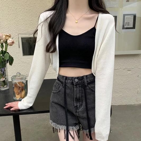 Thin Knitted Perspective Long Sleeve Tops Casual Black White Khaki Blue sweater