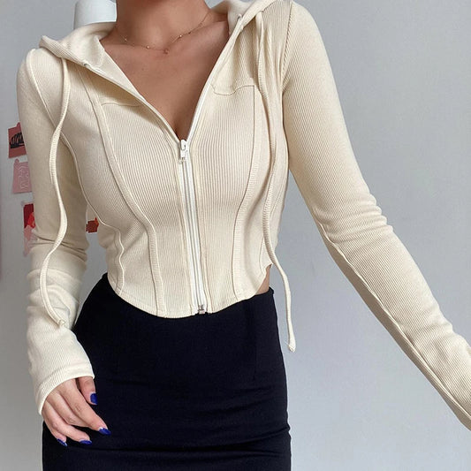 Streetwear Slim Fit Cropped Jacket Women Fashion Long Sleeve Hooded Crop Top Woman Wild Ribbed Zipper Up Sweatshirt Mujer